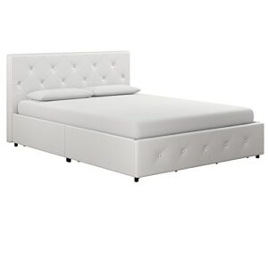 DHP Dakota Upholstered Platform Bed with Underbed Storage Drawers and Diamond Button Tufted Headboard and Footboard, No Box Spring Needed, Full, White Faux Leather