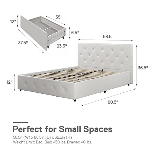 DHP Dakota Upholstered Platform Bed with Underbed Storage Drawers and Diamond Button Tufted Headboard and Footboard, No Box Spring Needed, Full, White Faux Leather