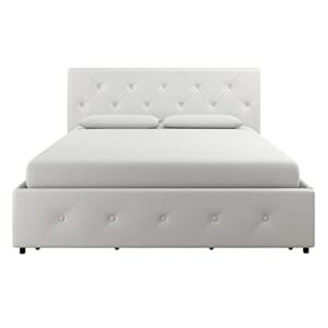 DHP Dakota Upholstered Platform Bed with Underbed Storage Drawers and Diamond Button Tufted Headboard and Footboard, No Box Spring Needed, Full, White Faux Leather