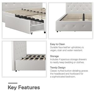 DHP Dakota Upholstered Platform Bed with Underbed Storage Drawers and Diamond Button Tufted Headboard and Footboard, No Box Spring Needed, Full, White Faux Leather