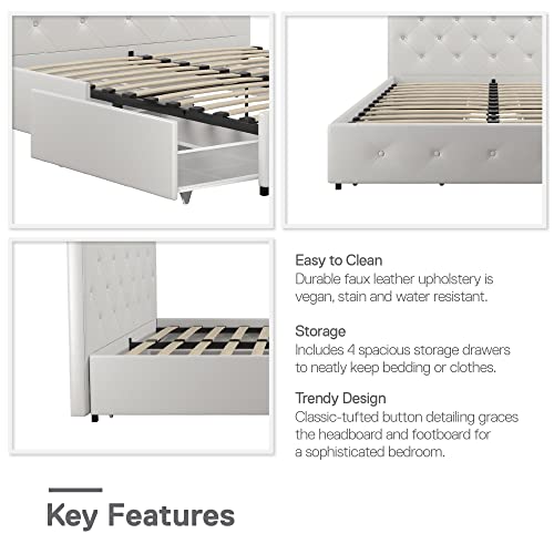 DHP Dakota Upholstered Platform Bed with Underbed Storage Drawers and Diamond Button Tufted Headboard and Footboard, No Box Spring Needed, Full, White Faux Leather