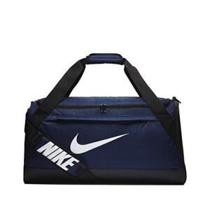 nike brasilia training duffel bag, versatile bag with padded strap and mesh exterior pocket, medium, midnight navy/black/white