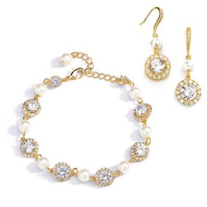 mariell 14k gold plated pearl round cz bridal bracelet & earrings set - wedding jewelry for bridesmaids