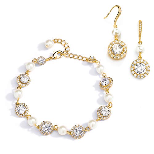 Mariell 14K Gold Plated Pearl Round CZ Bridal Bracelet & Earrings Set - Wedding Jewelry for Bridesmaids