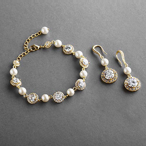 Mariell 14K Gold Plated Pearl Round CZ Bridal Bracelet & Earrings Set - Wedding Jewelry for Bridesmaids