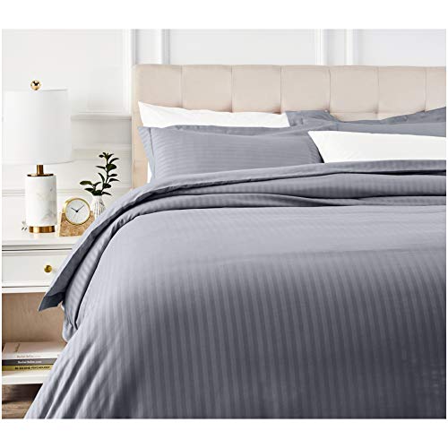 Amazon Basics Striped Microfiber 3 Piece Duvet Cover Set, Full/Queen, Dark Grey