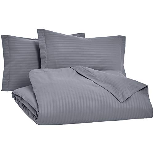 Amazon Basics Striped Microfiber 3 Piece Duvet Cover Set, Full/Queen, Dark Grey