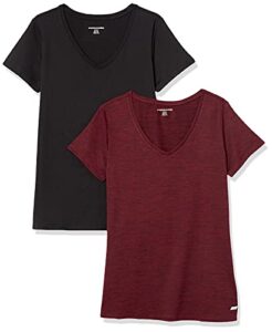 amazon essentials women's tech stretch short-sleeve v-neck t-shirt (available in plus size), pack of 2, black/burgundy space dye, x-large