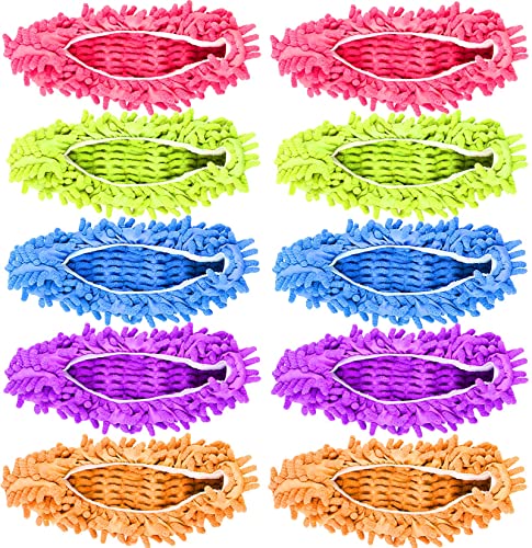 10 Pieces Microfiber Mop Slippers Shoes Cover Soft Washable Reusable Floor Polishing Dust Dirt Hair Men Women Sweeper Cleaning Mop Tool for House Office Bathroom Kitchen, Multicolored 5 Pairs