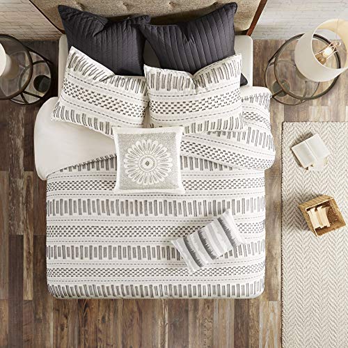 INK+IVY Rhea 100% Cotton Duvet Set Mid Century Modern Boho Design, All Season Comforter Cover Bedding Set, Matching Shams, King/Cal King, Geometric Clipped Jacquard Ivory 3 Piece