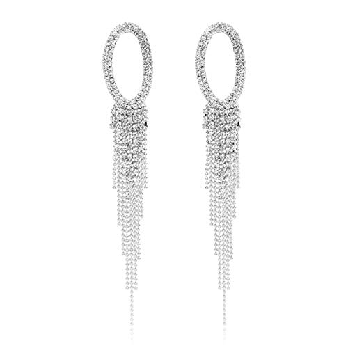 RIAH FASHION Sparkly Rhinestone Chandelier Drop Statement Earrings - Bridal Wedding Crystal Cubic Dangles Cascade, Teardrop, Fringe Tassel, Waterfall Duster (Oval Waterfall - Silver)