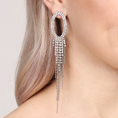 RIAH FASHION Sparkly Rhinestone Chandelier Drop Statement Earrings - Bridal Wedding Crystal Cubic Dangles Cascade, Teardrop, Fringe Tassel, Waterfall Duster (Oval Waterfall - Silver)