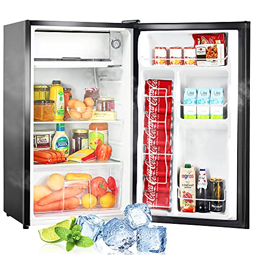 3.2 Cu. Ft. Stainless Steel Double Doors Compact Mini Refrigerator Internal Freezer Compartment Cooler Fridge Perfect For Home Kitchen Hotel Office Dorm Wet Bars Adjustable Temperature Mechanism