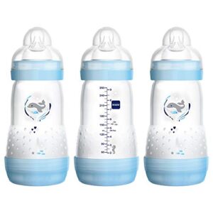 mam baby bottles for breastfed babies, mam bottles, anti colic, time for love' design collection, blue, 9 ounces, 3-count
