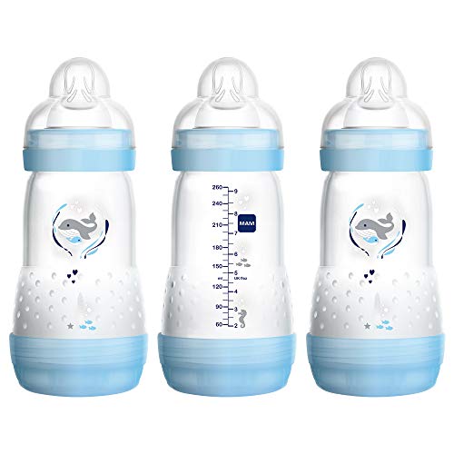 MAM Baby Bottles for Breastfed Babies, MAM Bottles, Anti Colic, Time for Love' Design Collection, Blue, 9 Ounces, 3-Count