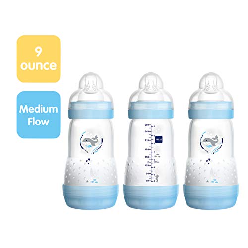 MAM Baby Bottles for Breastfed Babies, MAM Bottles, Anti Colic, Time for Love' Design Collection, Blue, 9 Ounces, 3-Count