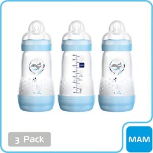 MAM Baby Bottles for Breastfed Babies, MAM Bottles, Anti Colic, Time for Love' Design Collection, Blue, 9 Ounces, 3-Count