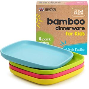 bamboo kids plates, 4 pack set, stackable bamboo dinnerware for kids, bamboo fiber kids plates set, dinner dish set for kids and toddlers, dishwasher safe and stackable