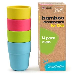 bamboo kids cups, 4 pack set, stackable bamboo drinking cups, bamboo kids dinnerware set, bamboo toddler cups, dishwasher safe and stackable