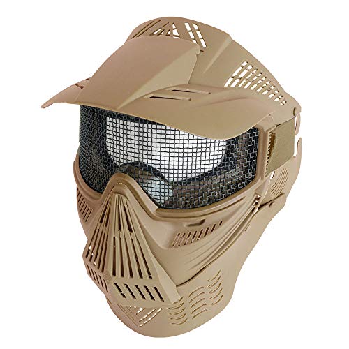 SHENKEL Mask-014tan Full Face Shooting Mask Mesh Goggles with Visor & Neck Guard, Tan