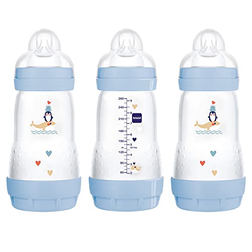 MAM Easy Start Anti-Colic Bottle 9 oz (3-Count), Baby Essentials, Medium Flow Bottles with Silicone Nipple, Baby Bottles for Baby Boy, Blue