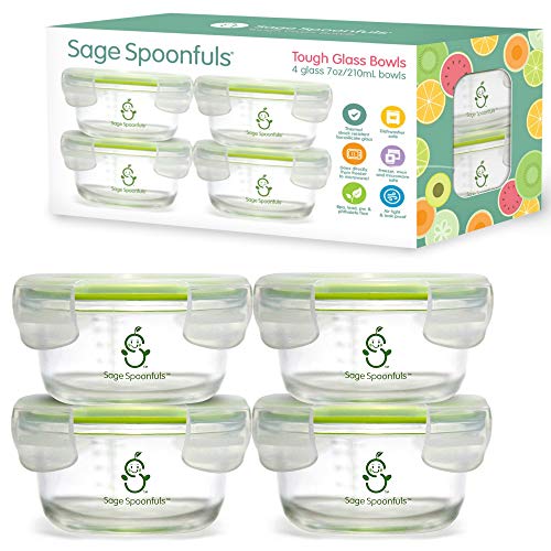 Sage Spoonfuls Glass Baby Food Containers with Lids - 4 Pack, 7 oz Baby Food Jars, Durable, Leakproof & Airtight, Freezer Storage, Reusable Glass Baby Food Containers, Microwave & Dishwasher Safe