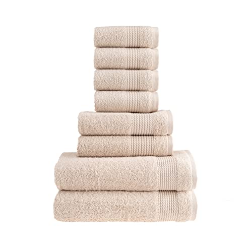 HALLEY Turkish Cotton Towels Set with 2 Bath Towels, 2 Hand Towels & 4 Washcloths - Hotel & Spa Quality - Soft, Quick Drying & Absorbent Towels for Bathroom, Shower & Face (8-Piece Set - Cream)