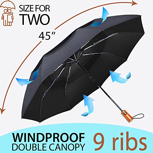 NEW Premium Large Windproof Double Canopy Umbrella for Rain - Travel Compact Automatic Folding Umbrella for Backpack - Portable Auto Oversized Black Compact Umbrella for Men and Women