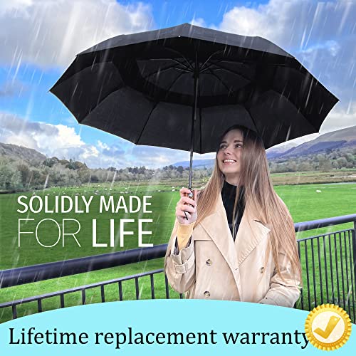 NEW Premium Large Windproof Double Canopy Umbrella for Rain - Travel Compact Automatic Folding Umbrella for Backpack - Portable Auto Oversized Black Compact Umbrella for Men and Women