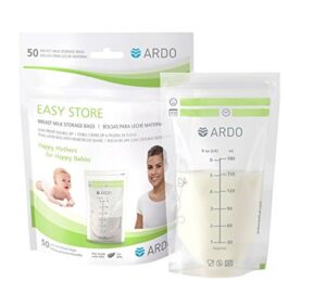ardo easy store - 50 extra-strong breast milk storage bags for fridge and freezer (180ml, 6 fl.oz.), with easy-to-read scaling, 50 bags, stackable and self-standing