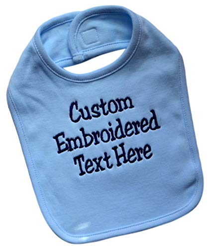 Funny Girl Designs Personalized Baby Bib EMBROIDERED with Your Custom Text and Color 100% Cotton Unisex (BLUE BIB)