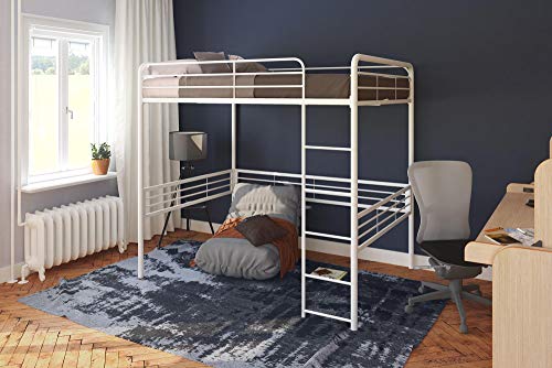 DHP Full Metal Loft Bed with Ladder Space-Saving Design, White