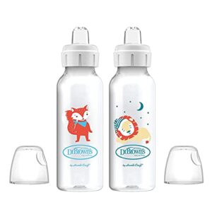 dr. brown’s® milestones™ narrow sippy bottle, 100% silicone soft sippy spout, 8oz/250ml, fox & lion, 6m+