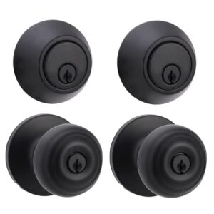 amazon basics exterior door knob with lock and deadbolt, classic, 4 count, set of 2, matte black, 3.35"l x 2.56"w
