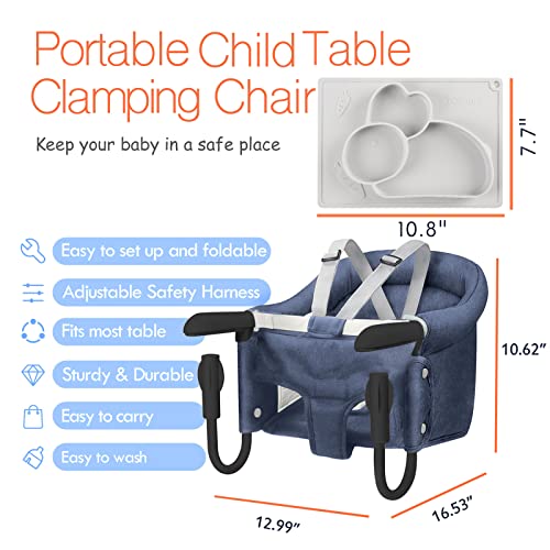 Hook On Chair with Tray, Fold-Flat Storage and Tight Fixing Clip on High Chair for Babies and Toddlers, Portable High Chair Booster Seat for Home Dining Table and Travel (Blue)