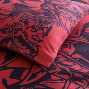 YSJ 3 PCS Skull Twin Full Queen King Duvet Cover Set with Zipper Closure,Ties-Black Red Skull Pattern Printed-King Size Bedding Set Comforter Protector Pillowcases (Queen)