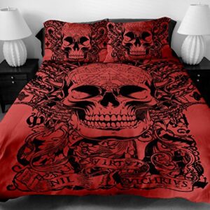 YSJ 3 PCS Skull Twin Full Queen King Duvet Cover Set with Zipper Closure,Ties-Black Red Skull Pattern Printed-King Size Bedding Set Comforter Protector Pillowcases (Queen)