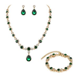 brilove wedding bridal necklace bracelet earrings jewelry set for women crystal infinity figure 8 teardrop y-necklace dangle earrings tennis bracelet set emerald color gold-toned may birthstone