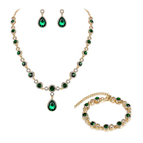 BriLove Wedding Bridal Necklace Bracelet Earrings Jewelry Set for Women Crystal Infinity Figure 8 Teardrop Y-Necklace Dangle Earrings Tennis Bracelet Set Emerald Color Gold-Toned May Birthstone