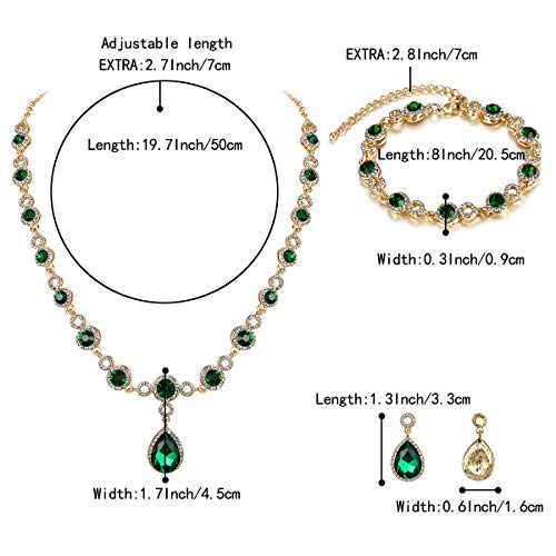 BriLove Wedding Bridal Necklace Bracelet Earrings Jewelry Set for Women Crystal Infinity Figure 8 Teardrop Y-Necklace Dangle Earrings Tennis Bracelet Set Emerald Color Gold-Toned May Birthstone