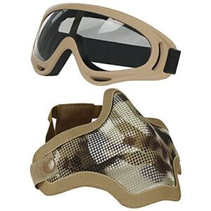 aoutacc airsoft half face mask steel mesh and goggles set, skull tactical masks protection gear for paintball bbs cs nerf game cosplay halloween costume accessories (tan camo)