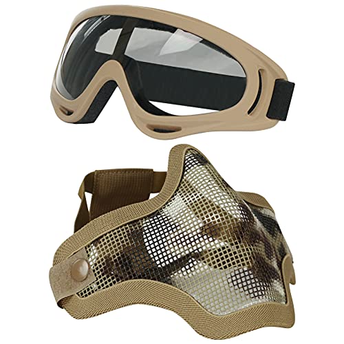 AOUTACC Airsoft Half Face Mask Steel Mesh and Goggles Set, Skull Tactical Masks Protection Gear for Paintball BBS CS Nerf Game Cosplay Halloween Costume Accessories (Tan Camo)