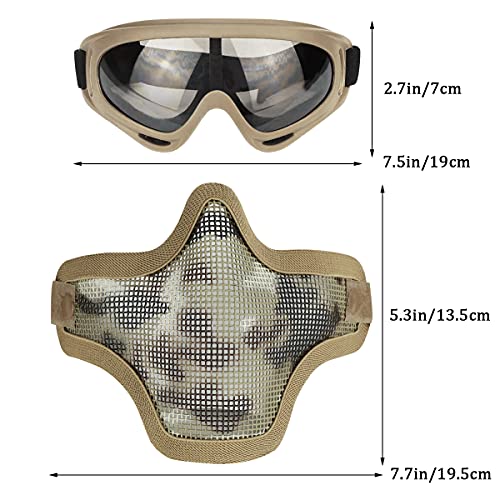 AOUTACC Airsoft Half Face Mask Steel Mesh and Goggles Set, Skull Tactical Masks Protection Gear for Paintball BBS CS Nerf Game Cosplay Halloween Costume Accessories (Tan Camo)