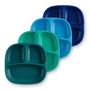 re play - 4 pack 7.37" divided plates with deep sides for baby, toddler & child feeding | bpa free | made in usa from eco friendly recycled milk jugs | a true blue+ (aqua, sky, navy, teal)