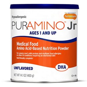 puramino junior hypoallergenic toddler drink, for severe food allergies, omega-3 dha, iron, immune support, unflavored powder can, 14.1 oz
