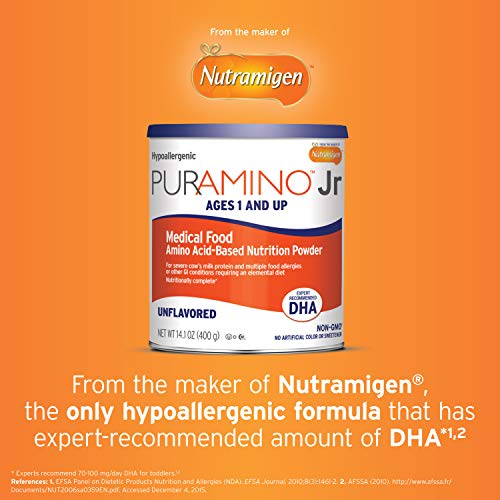 PurAmino Junior Hypoallergenic Toddler Drink, for Severe Food Allergies, Omega-3 DHA, Iron, Immune Support, Unflavored Powder Can, 14.1 Oz