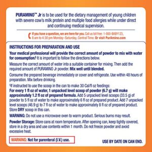 PurAmino Junior Hypoallergenic Toddler Drink, for Severe Food Allergies, Omega-3 DHA, Iron, Immune Support, Unflavored Powder Can, 14.1 Oz