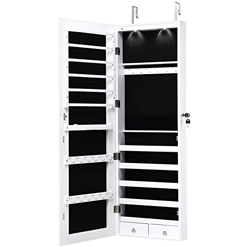 Giantex Wall Door Jewelry Armoire Cabinet with Full-Length Mirror, 2 LEDs Lockable Large Storage Jewelry Organizer with 47.5'' Mirror, Makeup Pouch, Bracelet Rod, Jewelry Amoires with 2 Drawers (White)