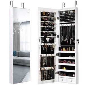 giantex wall door jewelry armoire cabinet with full-length mirror, 2 leds lockable large storage jewelry organizer with 47.5'' mirror, makeup pouch, bracelet rod, jewelry amoires with 2 drawers (white)