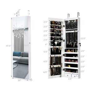 Giantex Wall Door Jewelry Armoire Cabinet with Full-Length Mirror, 2 LEDs Lockable Large Storage Jewelry Organizer with 47.5'' Mirror, Makeup Pouch, Bracelet Rod, Jewelry Amoires with 2 Drawers (White)